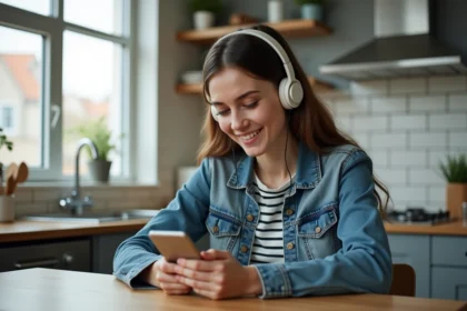 Jeune femme en denim et casque utilisant son smartphone dans une cuisine lumineuse