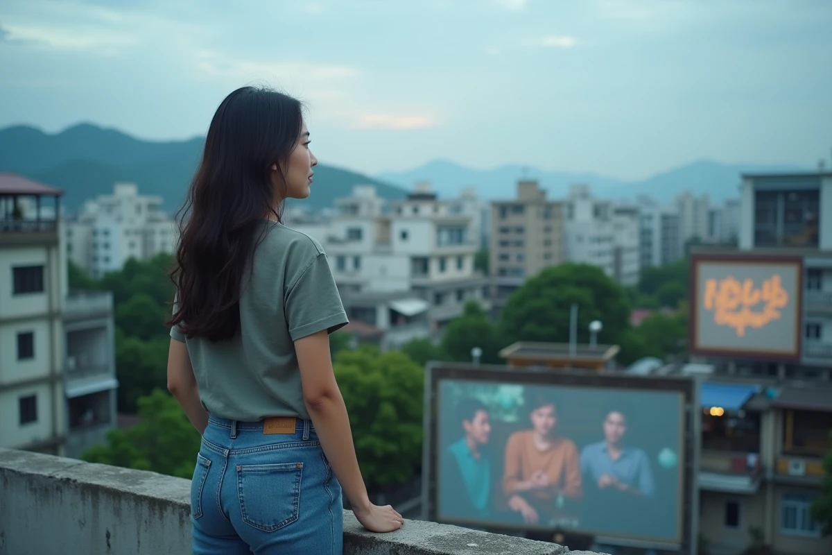 Jeune femme vietnamienne regardant un film en plein air sur un toit
