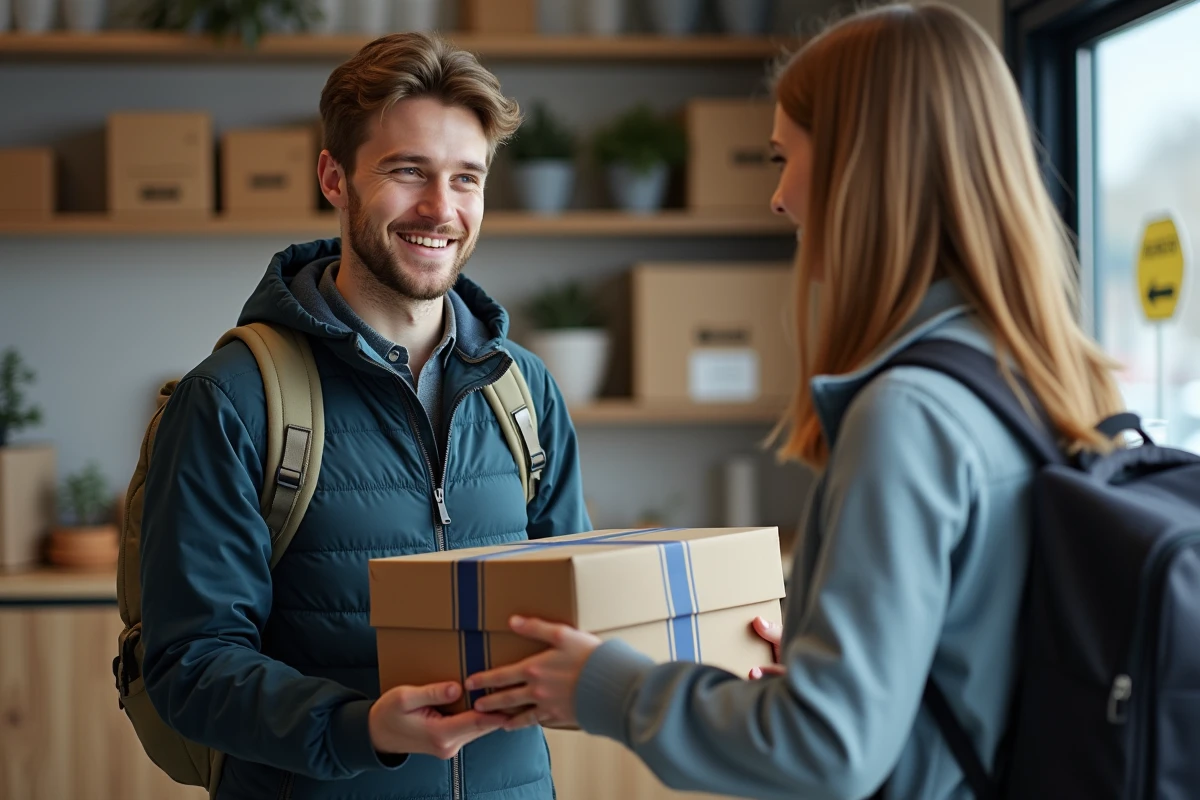 Jeune homme remettant un colis à un employé dans un point relais