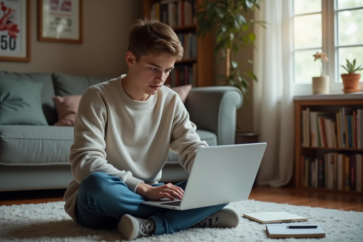 Jeune homme en sweater étudiant avec un laptop dans le salon