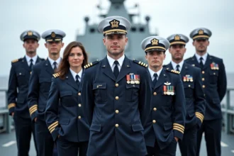 Groupe de marins français en uniforme sur un navire moderne