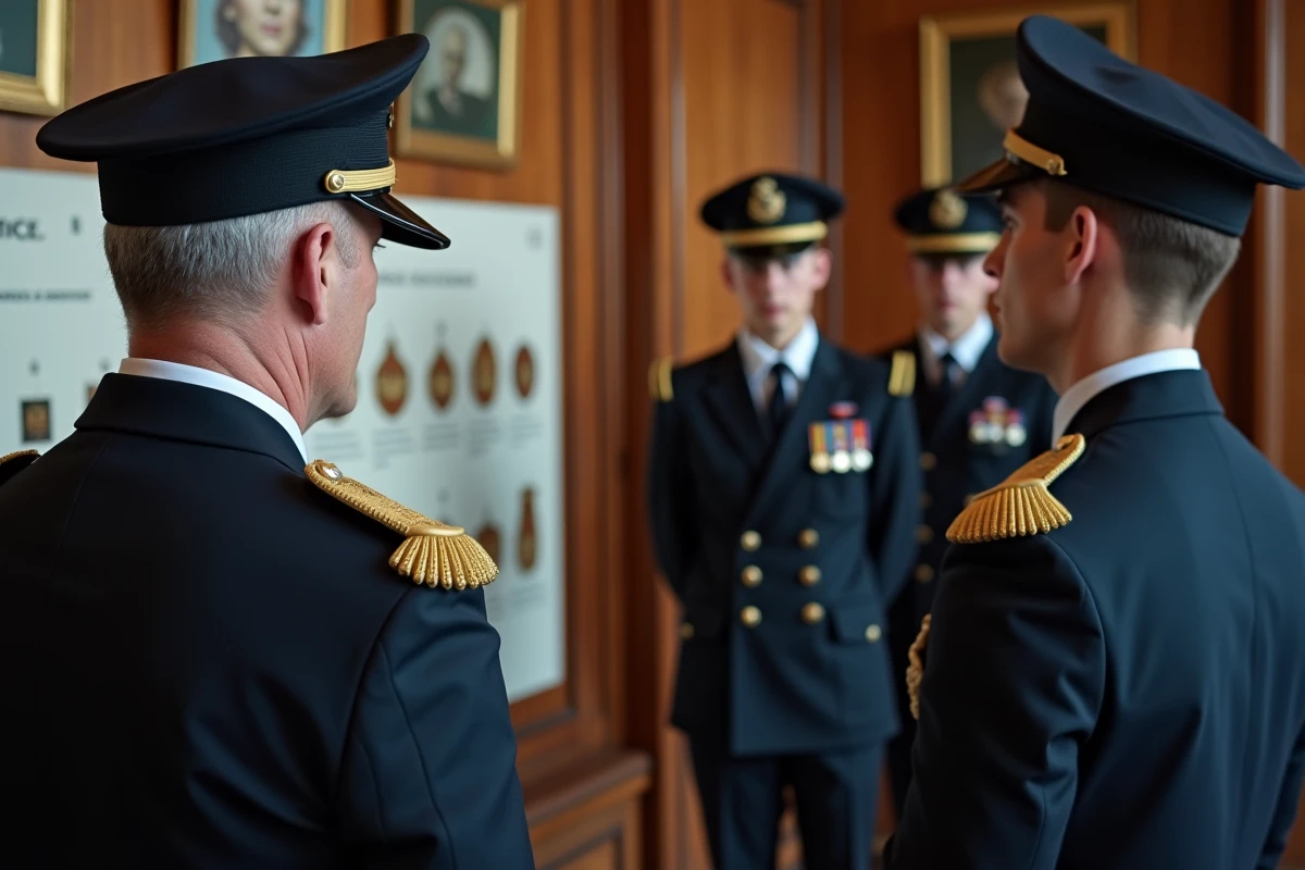 Officier naval expliquant les insignes à des recrues