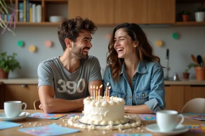 Amis jeunes souriants lors d'une fête d'anniversaire à la maison