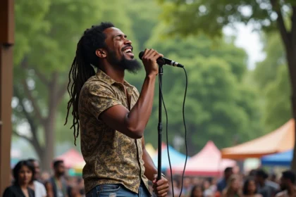 Chanteur reggae en plein air avec dreadlocks et micro