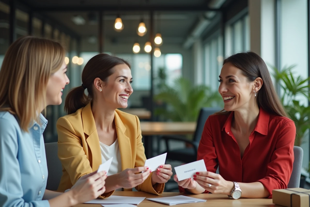 Collègues échangeant cartes cadeaux dans un bureau moderne