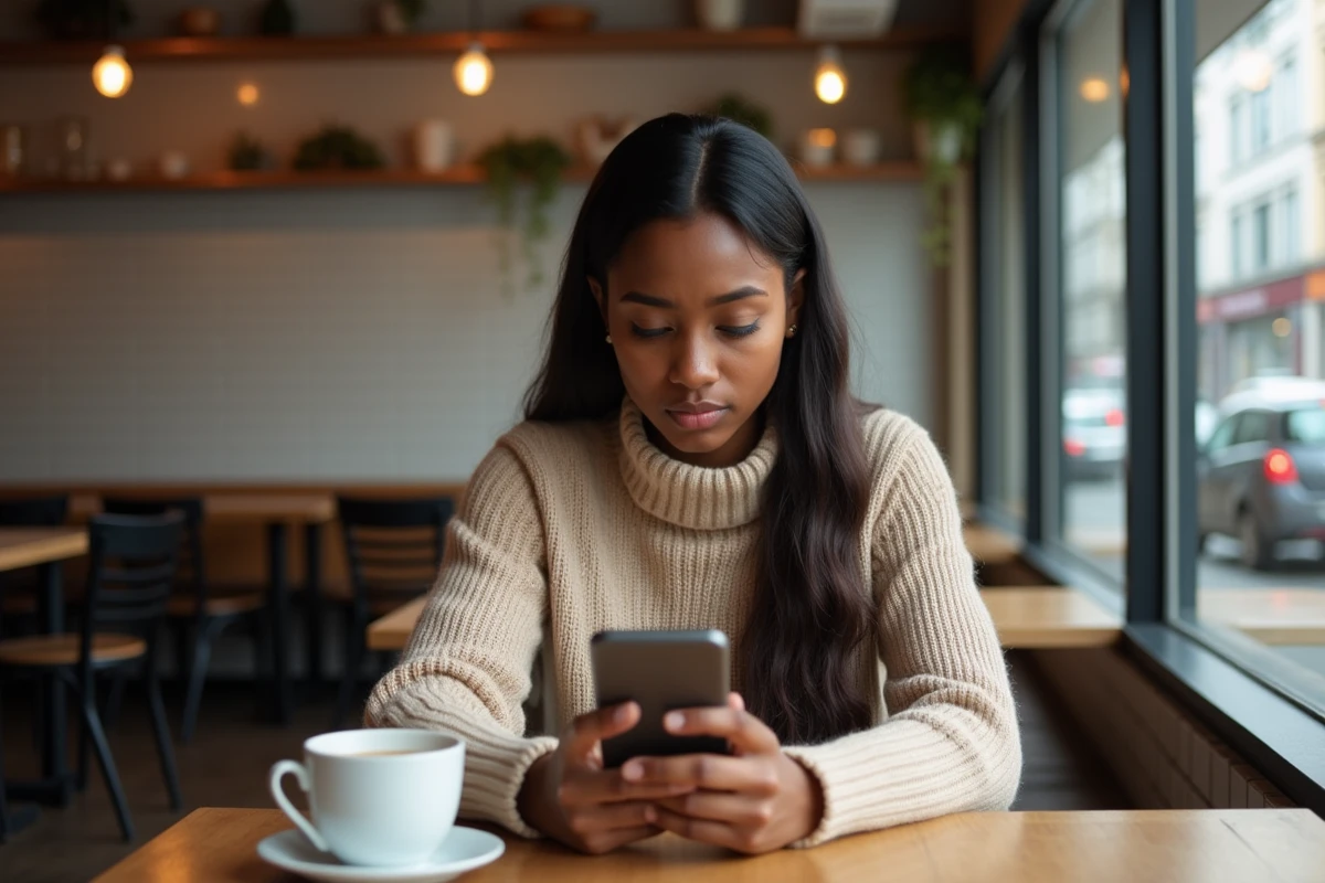 Jeune femme perplexe avec smartphone dans un café urbain