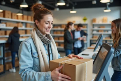 Femme souriante déposant un colis dans un point relais moderne