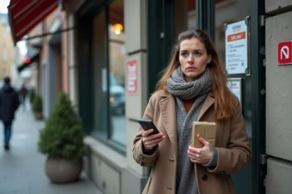 Femme perplexe devant point relais fermé dans la rue