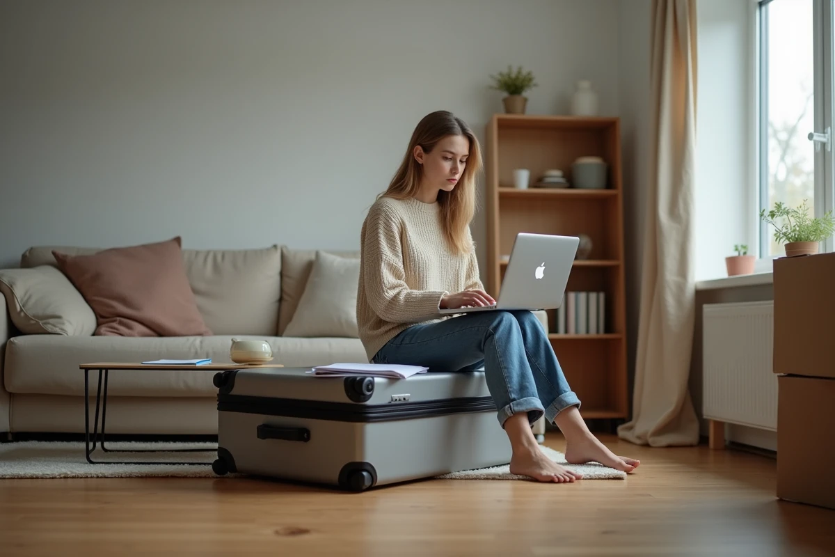 Jeune femme assise sur une valise dans un salon avec ordinateur