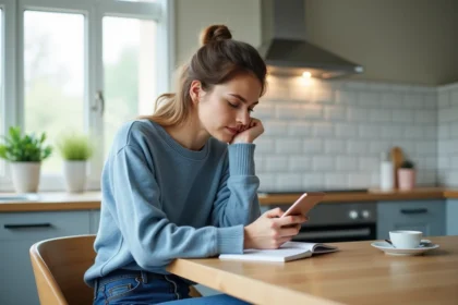 Femme assise à la table de cuisine avec smartphone et carnet