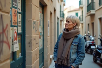 Femme contemplant un mur d'affiches à La Ciotat