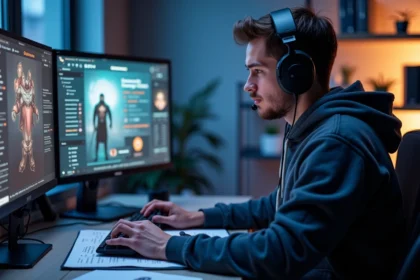 Jeune homme gamer concentré sur son écran de jeu