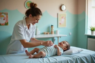 Nourrisson recevant des soins de kinésithérapie pour bronchiolite