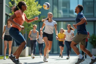 Groupe d'officeurs jouant au volleyball en cour intérieure
