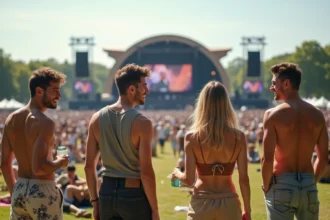 Groupe d'amis souriants au festival à Lyon