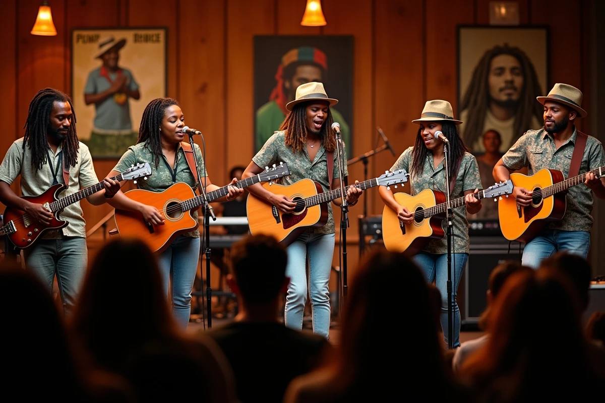 Groupe reggae multiethnique jouant en intérieur dynamique