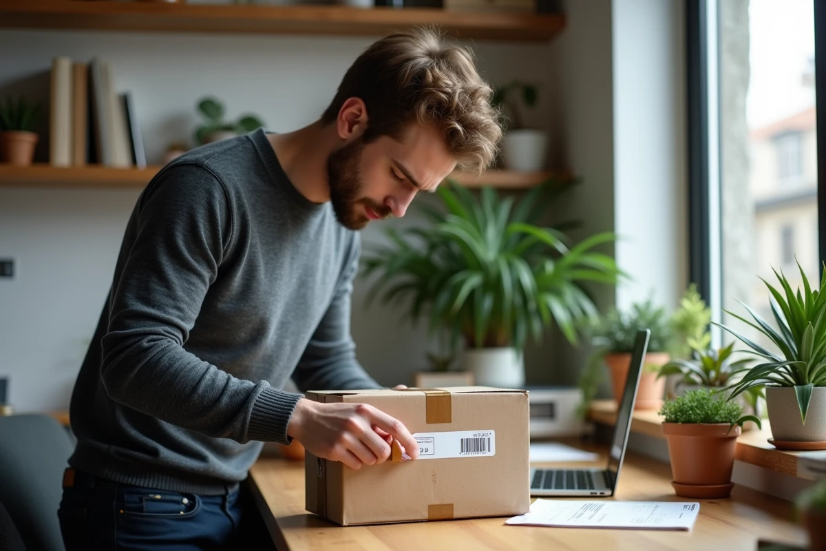 Jeune homme scellant un colis dans son bureau à domicile