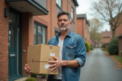 Homme d'âge moyen tenant des cartons devant un immeuble résidentiel