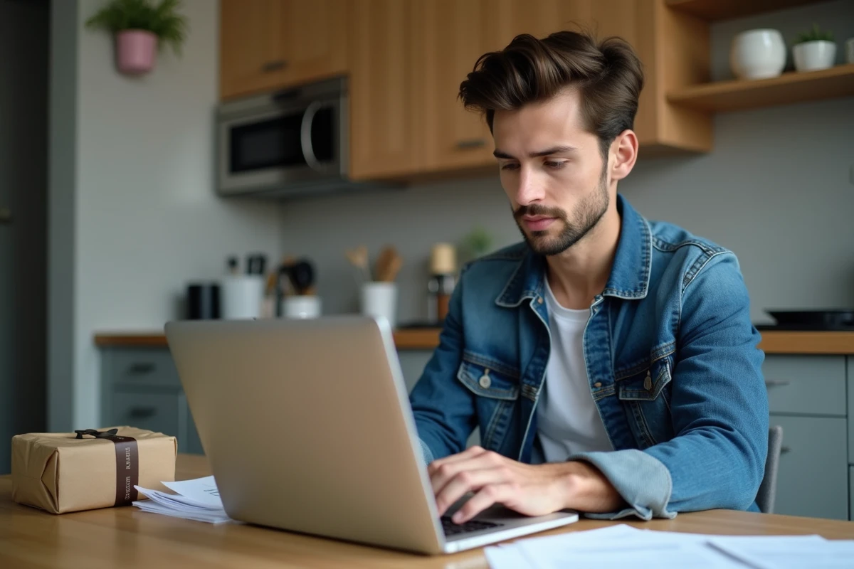 Jeune homme utilisant son ordinateur dans la cuisine