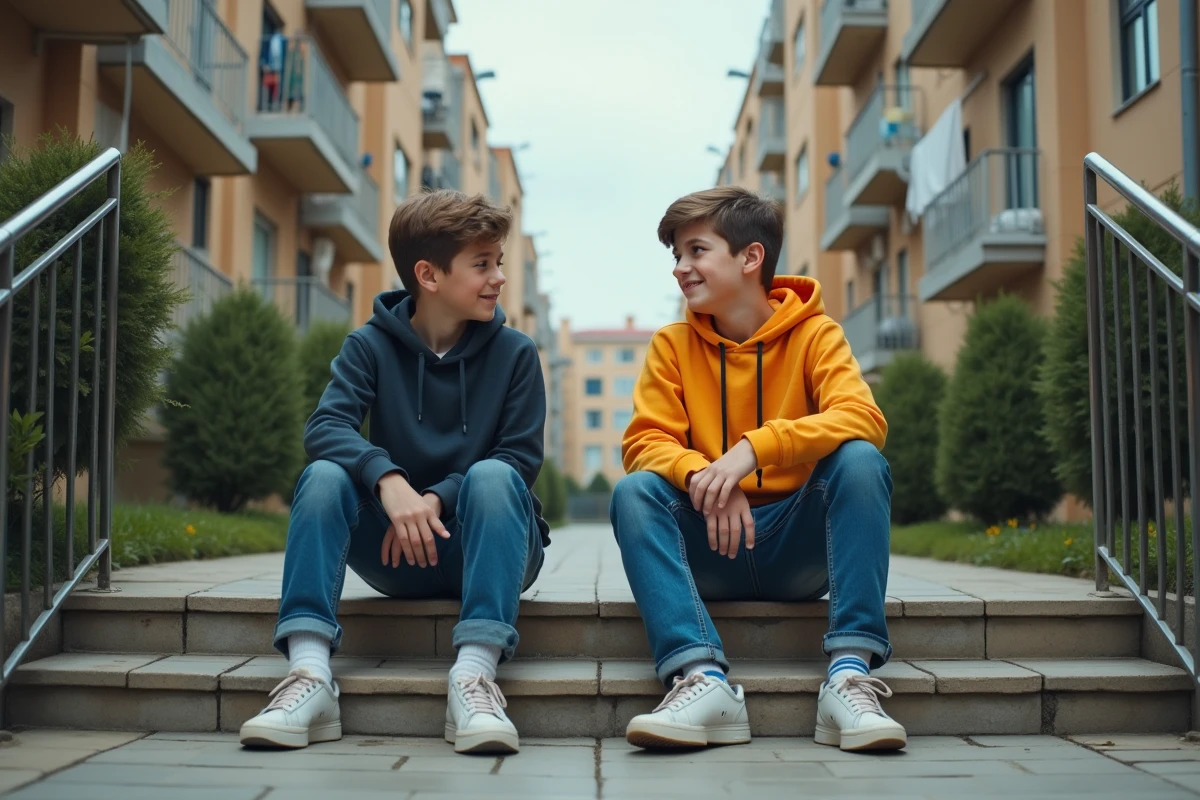 Deux adolescents assis sur des escaliers en ville