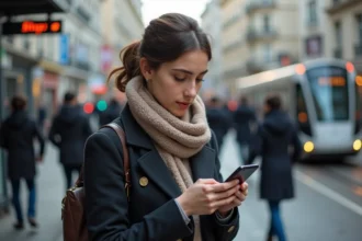 Jeune femme urbaine vérifiant son téléphone à un arrêt de tram
