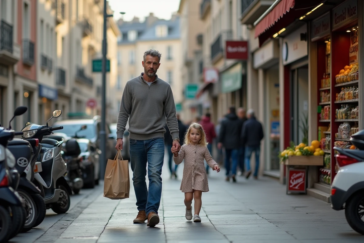 Père et fille marchant dans une rue animée de ville en France