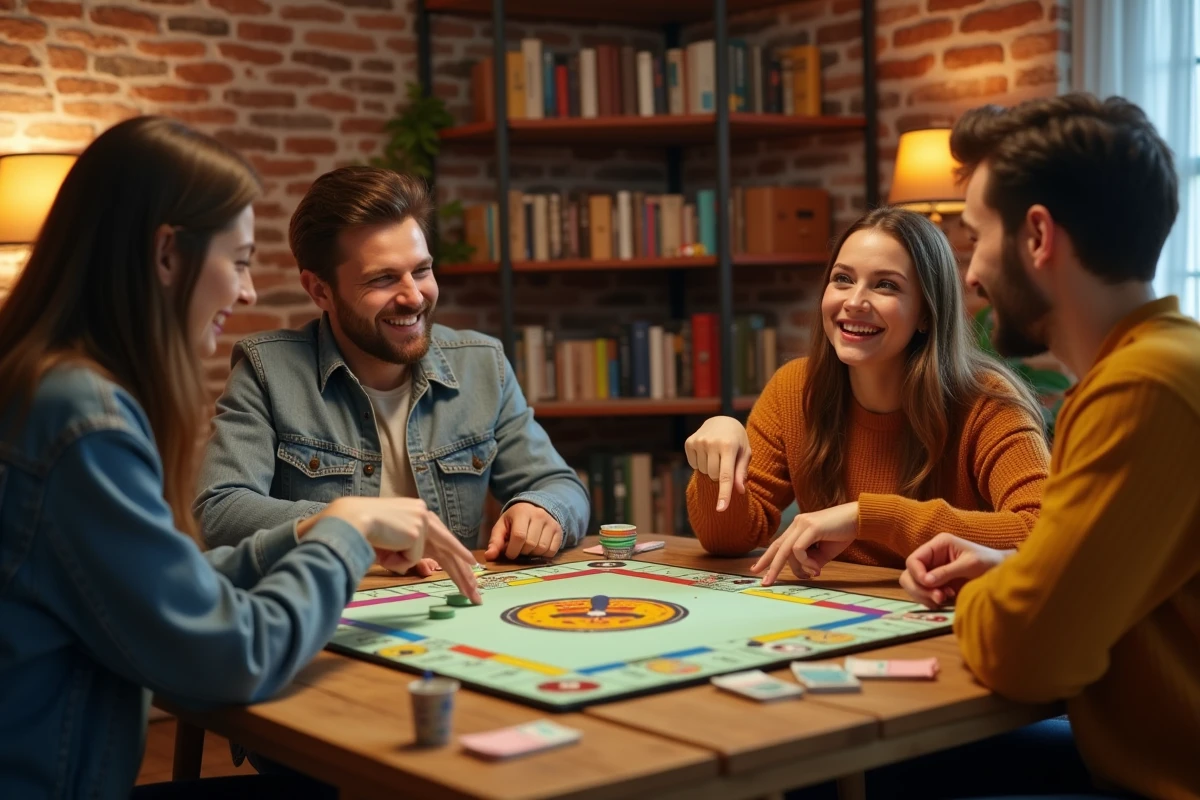 Groupe d'amis adultes jouant à Monopoly autour d'une table en bois dans un salon chaleureux