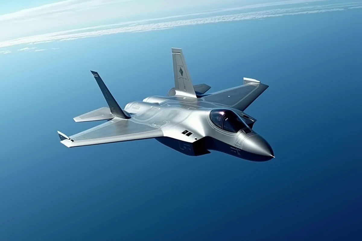 Avion de chasse furtif de nouvelle génération en vol à haute altitude vue depuis un avion accompagnateur