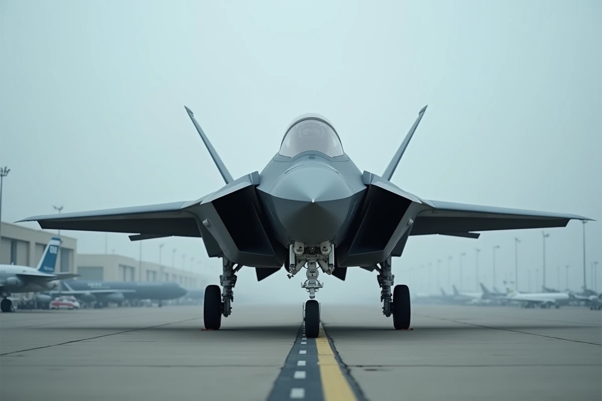 Avion de chasse moderne sur le tarmac d'une base militaire avec fuselage furtif en vue grand angle