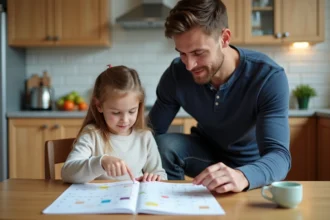 Père et fille consultant un calendrier de garde alternée autour d'une table de cuisine