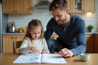 Père et fille consultant un calendrier de garde alternée autour d'une table de cuisine