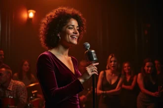 Chanteuse de variété française sur scène dans un cabaret parisien, micro vintage, robe bordeaux, performance émotionnelle