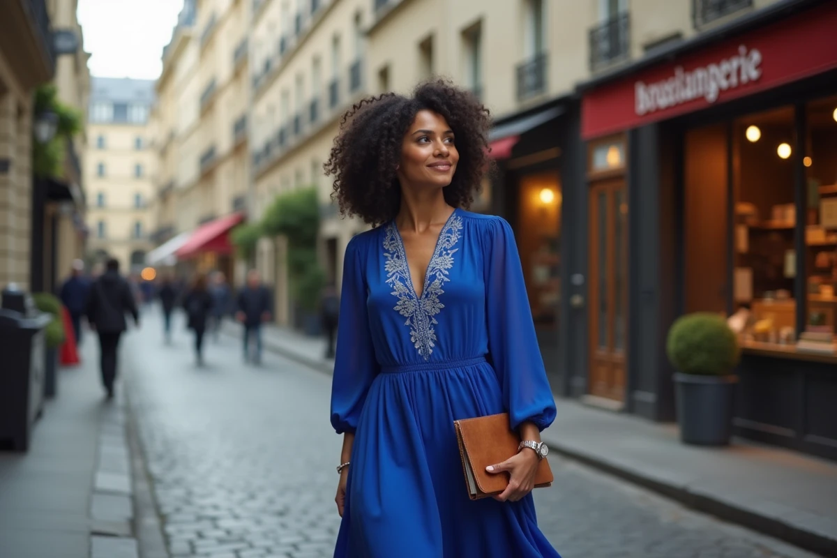 Chanteuse iconique de la variété française dans les rues de Paris, robe bleue, atmosphère artistique et authentique