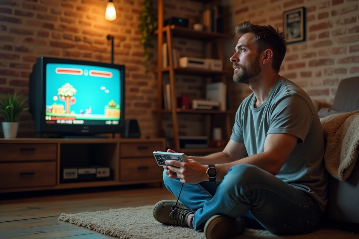 Homme adulte jouant à une console rétro SNES devant un téléviseur CRT dans un salon nostalgique des années 90