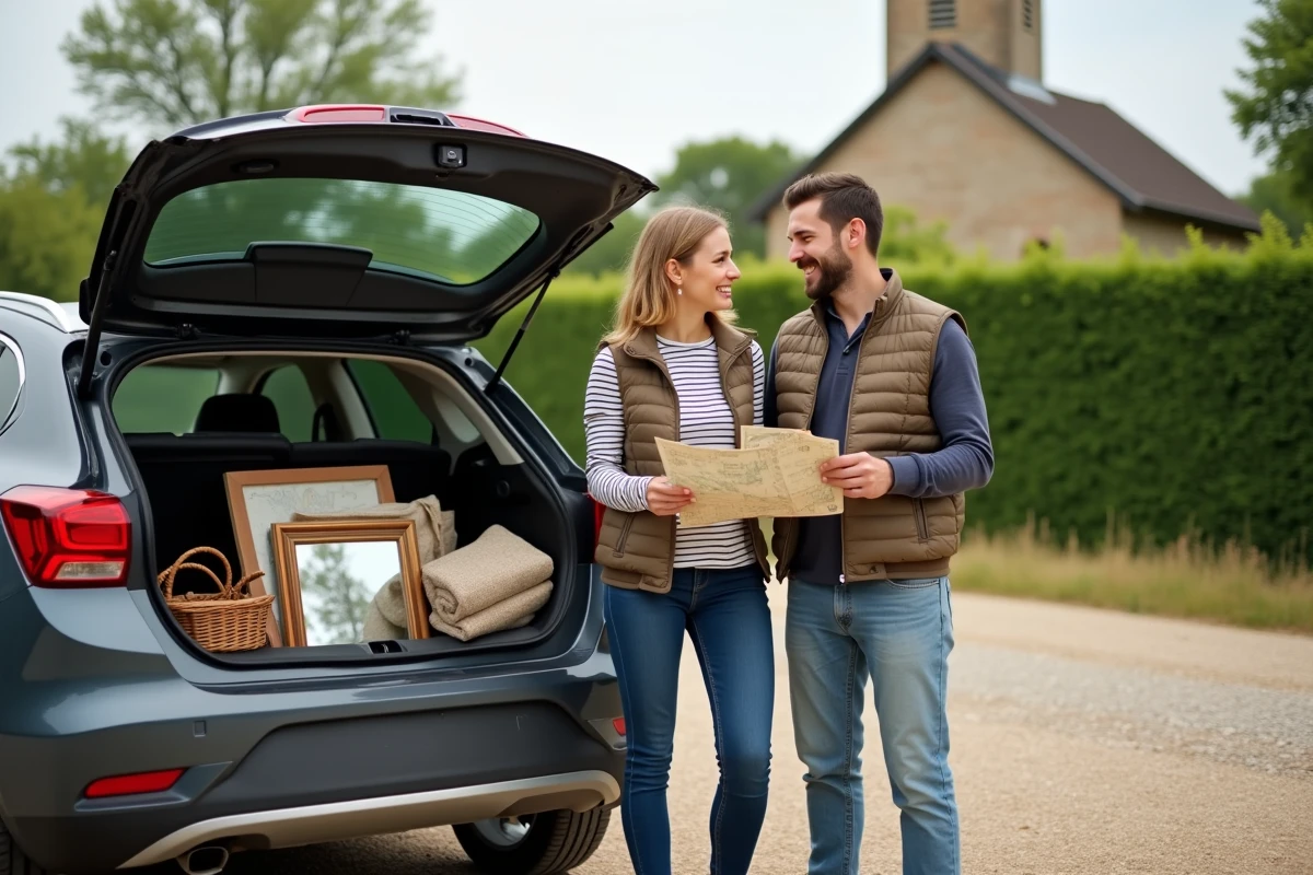 Couple chargeant des trouvailles vintage dans leur voiture après une journée de brocante dans le département 78