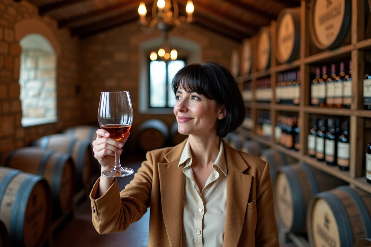 Femme dégustant de l'Armagnac dans une cave traditionnelle d'Eauze en hiver, entourée de fûts en chêne et de bouteilles de collection
