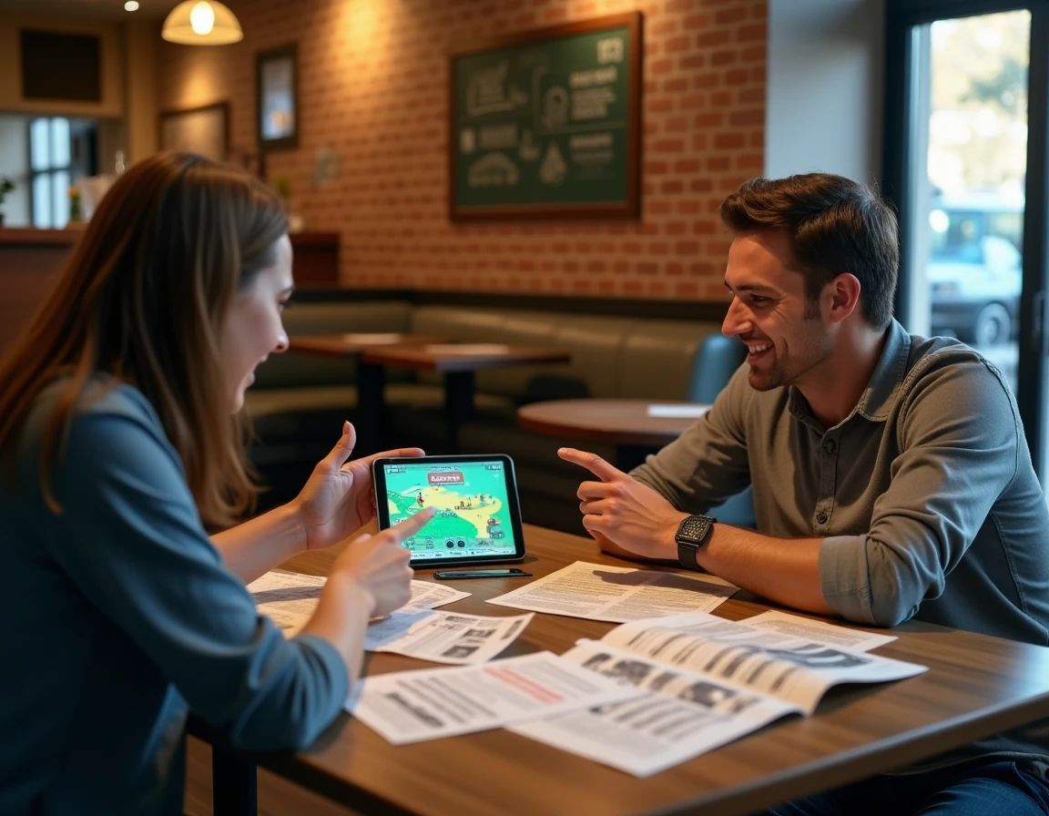 Deux joueurs adultes discutant d'une stratégie Pokémon type Psy autour d'un guide et d'une tablette dans un café