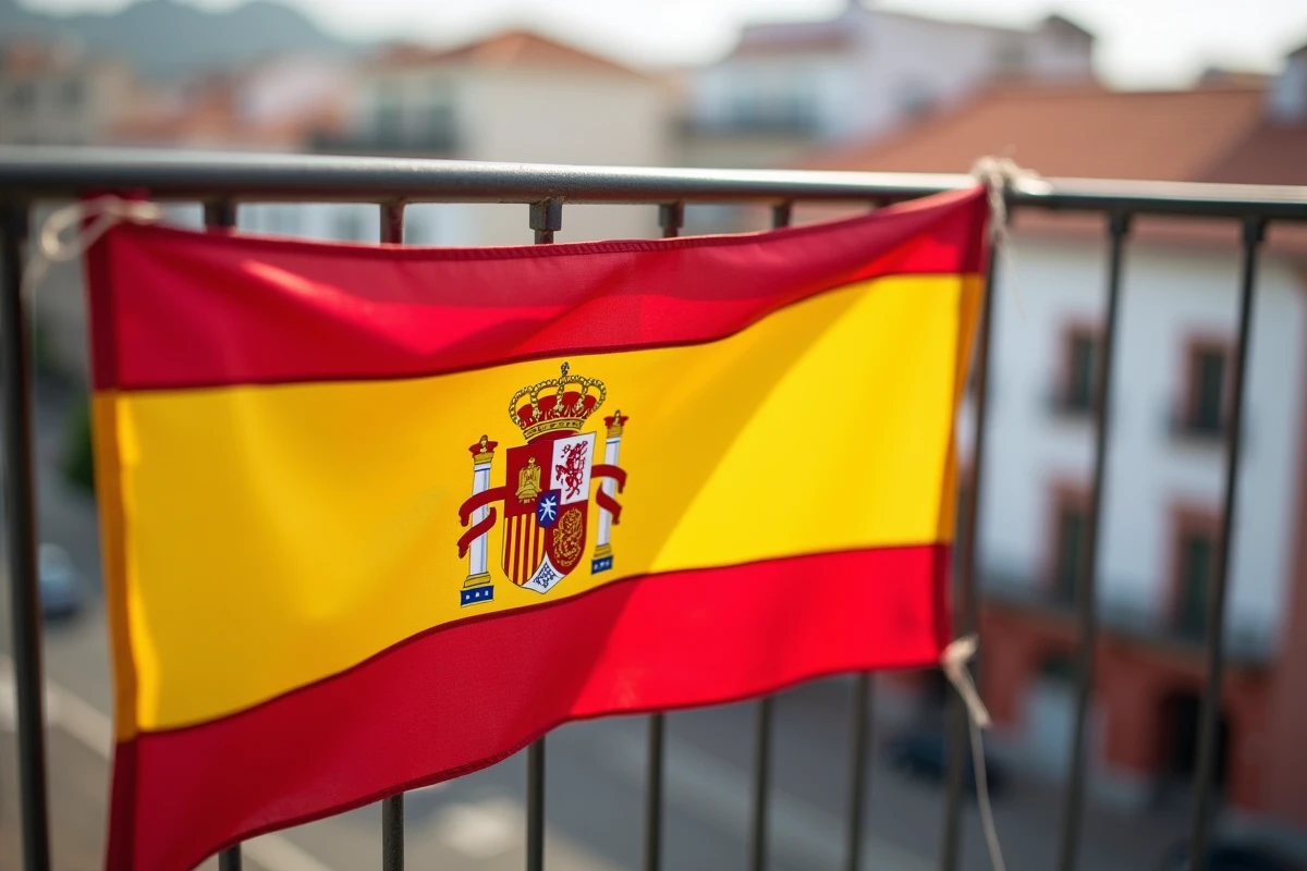 Drapeau de l'Espagne accroché à un balcon de quartier résidentiel méditerranéen, détail du tissu et des couleurs nationales