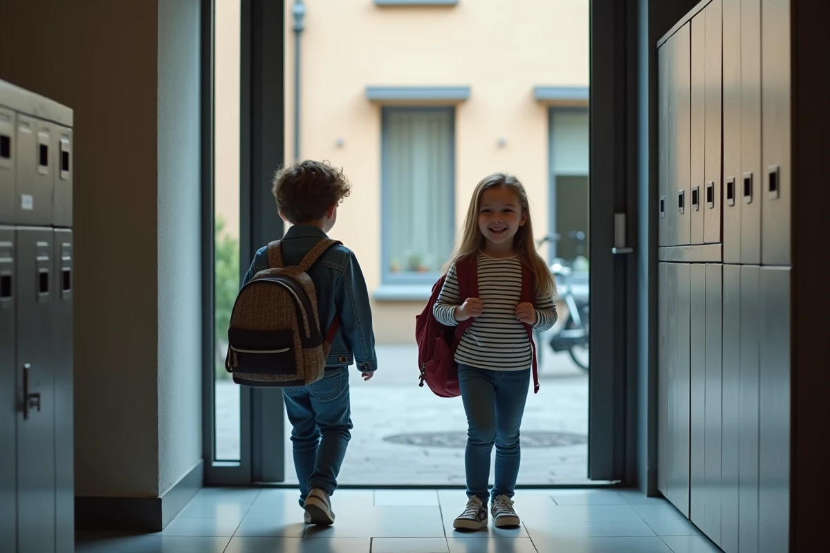 Deux enfants avec leurs sacs à dos prêts pour le passage de relais lors d'une garde alternée