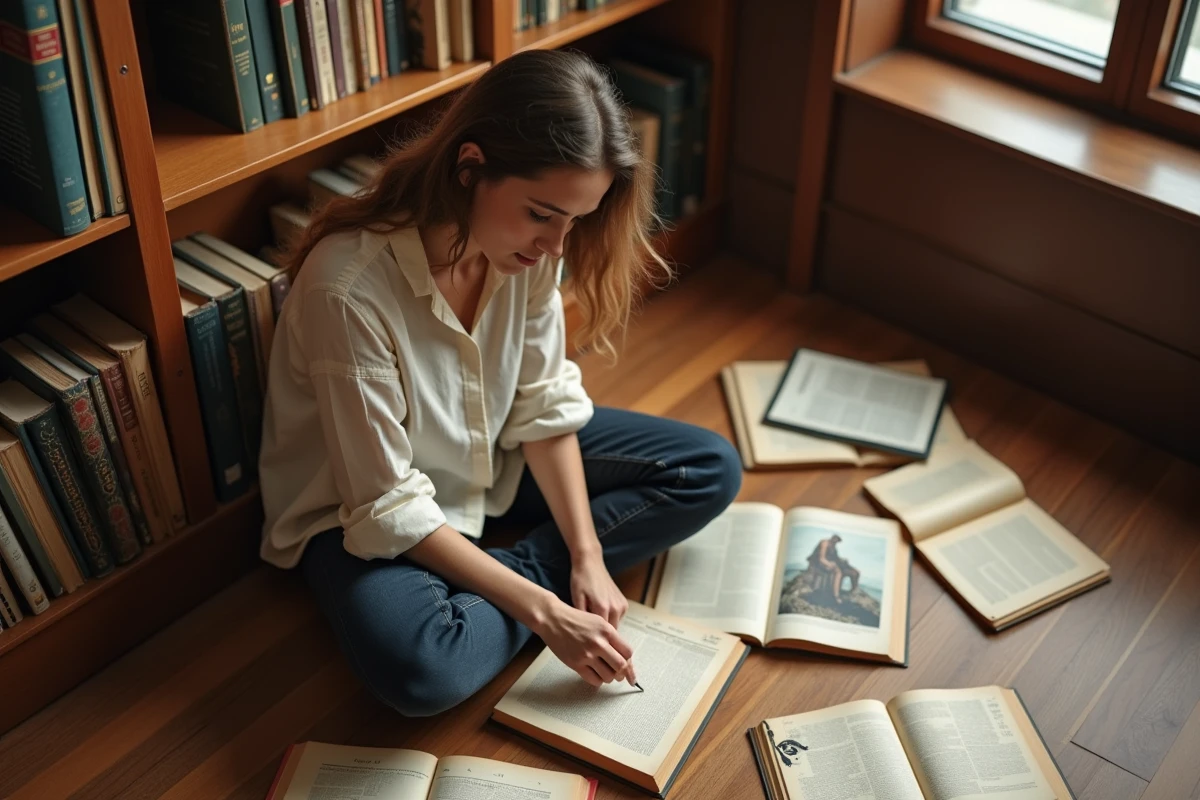 Étudiante lisant des livres sur le mythe de Prométhée assise au sol d'une bibliothèque universitaire