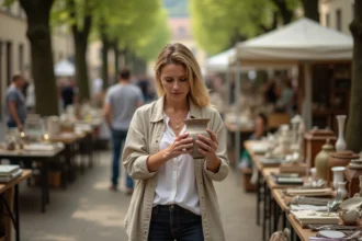 Femme examinant un vase en céramique vintage sur un marché brocante en plein air dans le département des Yvelines