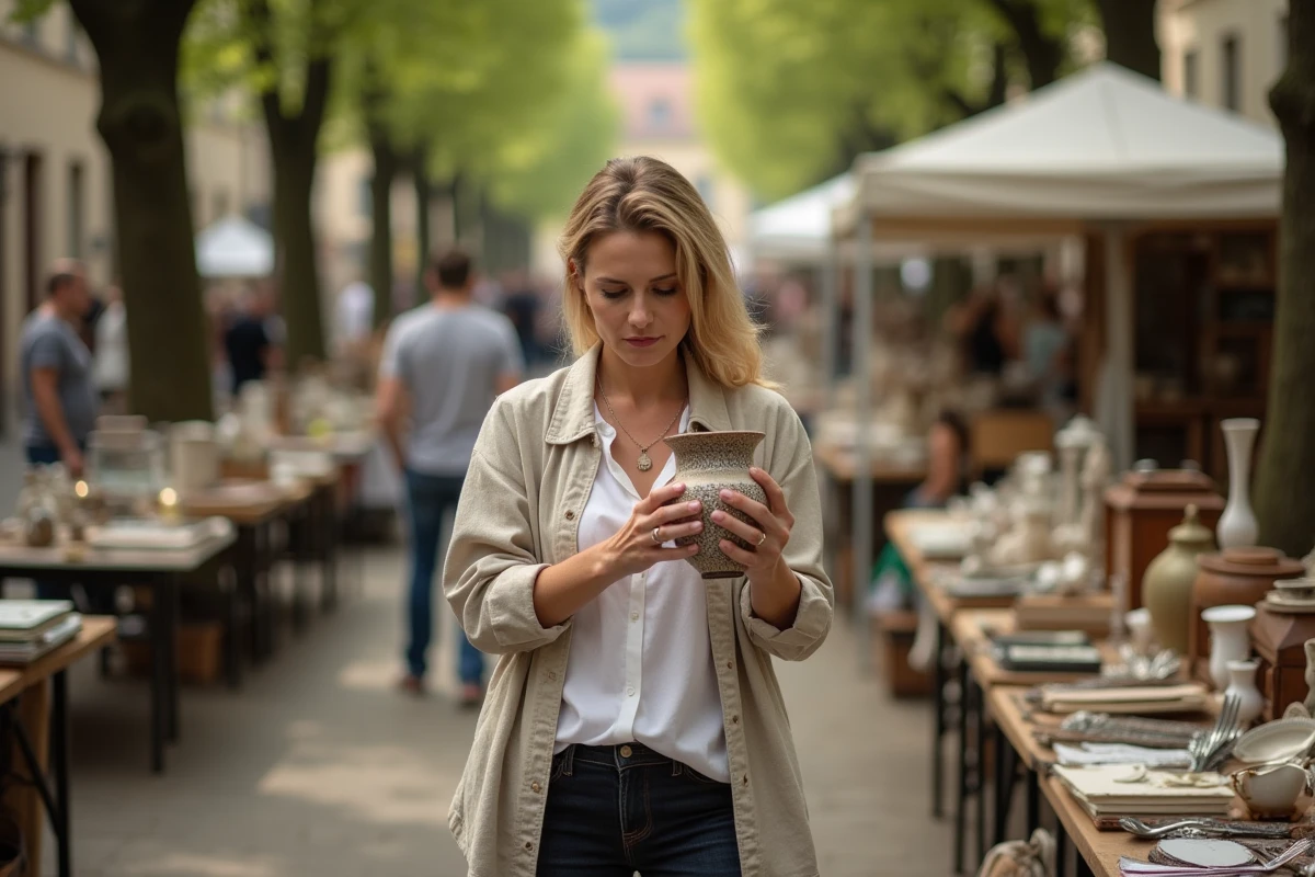 Femme examinant un vase en céramique vintage sur un marché brocante en plein air dans le département des Yvelines