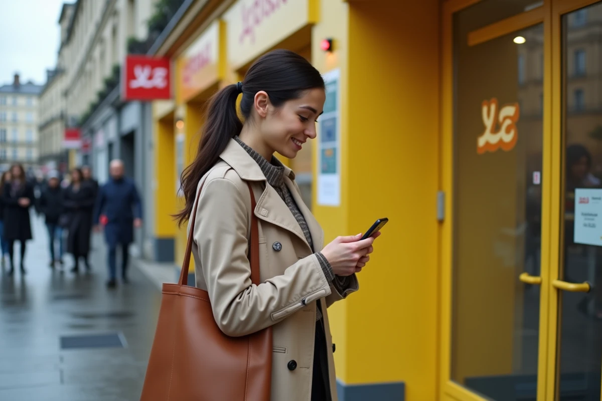 Une femme consulte son téléphone devant une agence La Poste avant d'aller imprimer un document