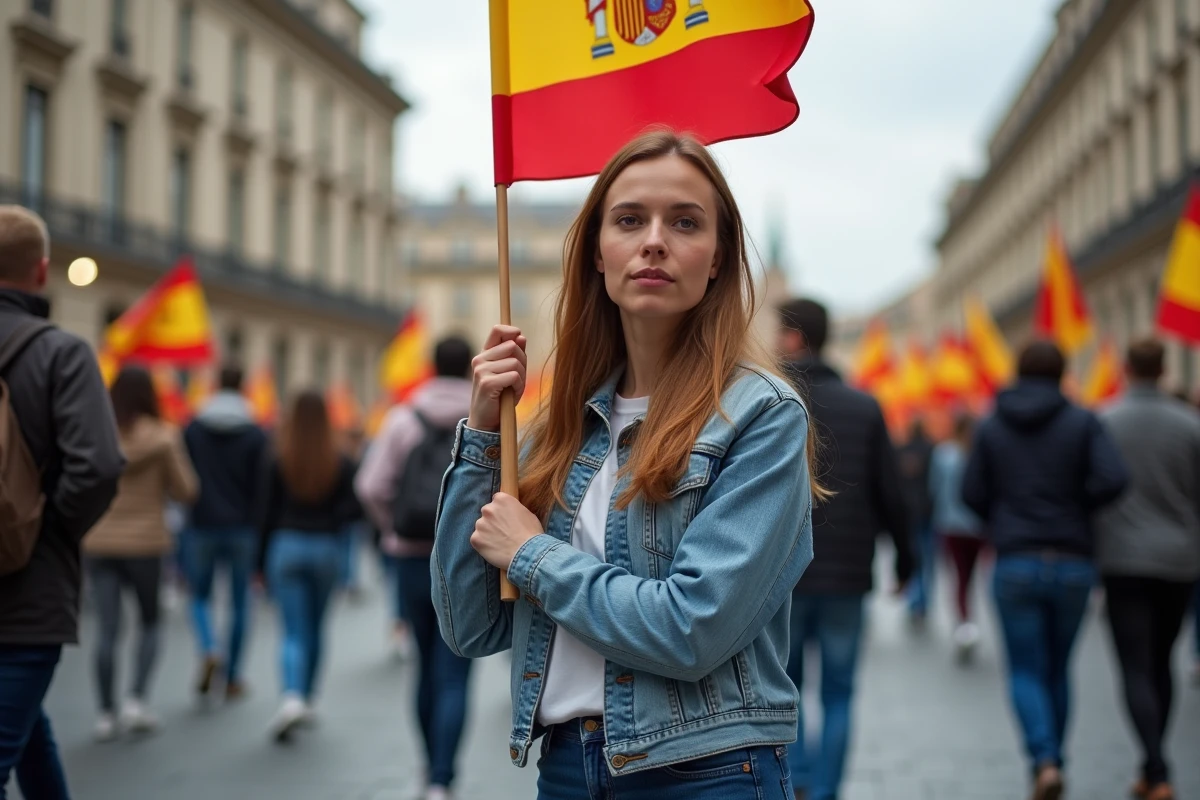 Femme tenant le drapeau espagnol lors d'une manifestation dans une rue de ville européenne