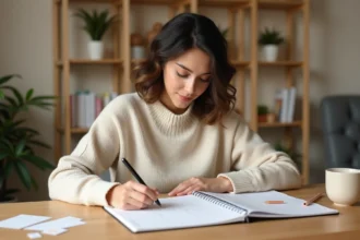 Femme écrivant dans un planificateur mensuel papier à son bureau en bois avec stylo et mug, suivi des habitudes