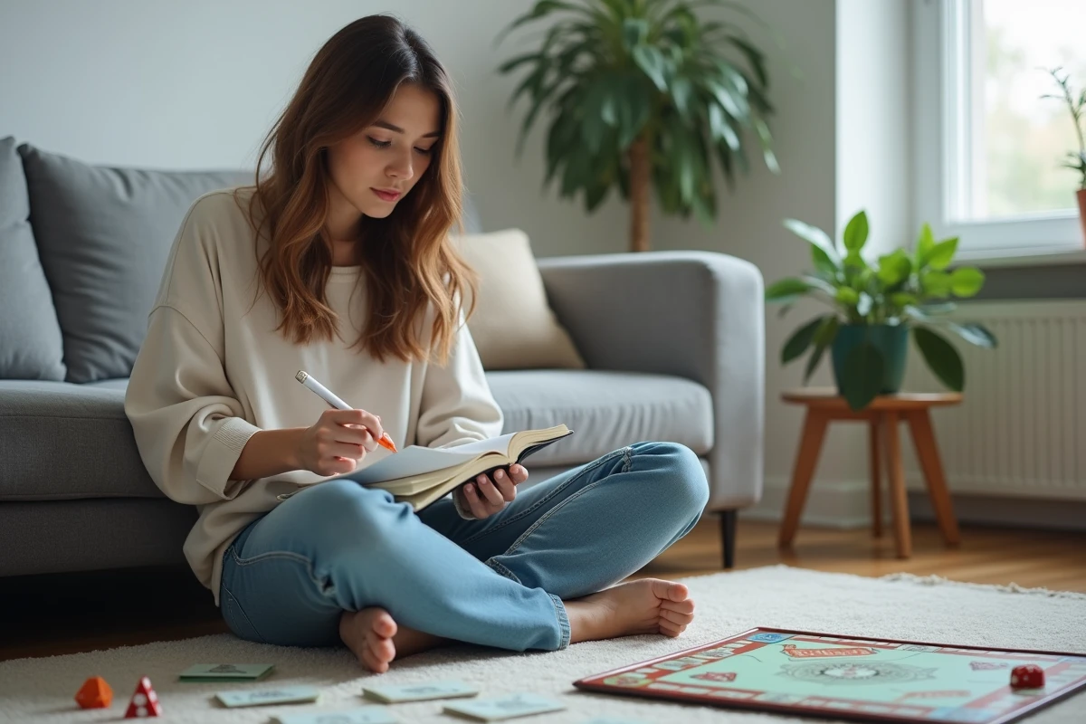 Jeune femme consultant ses notes de stratégie Monopoly sur le sol de son appartement