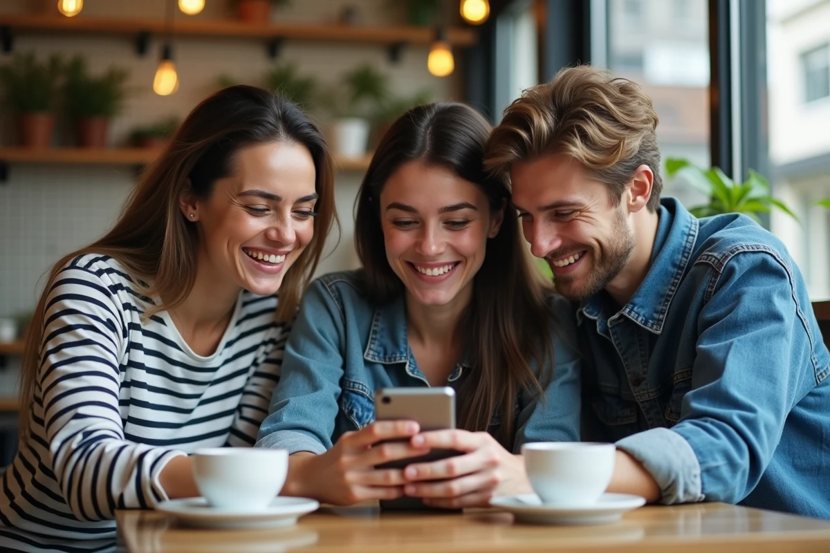 Groupe de trois adultes réagissant à un contenu viral sur smartphone autour d'une table de café