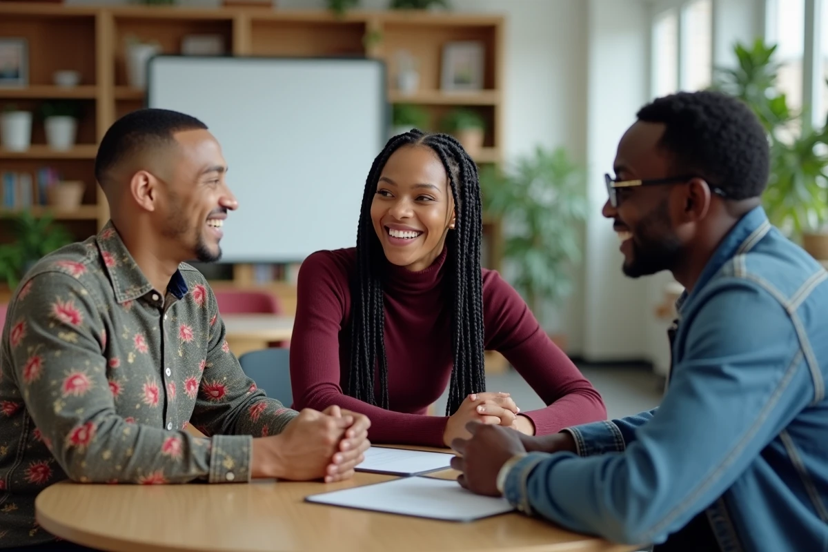 Groupe diversifié de trois adultes en conversation amicale dans un espace communautaire inclusif, illustrant les rencontres et la socialisation trans