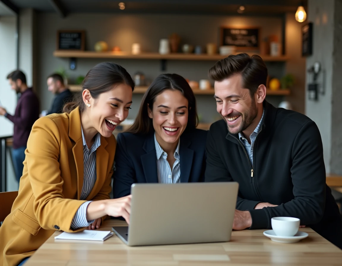 Groupe de jeunes professionnels partageant une découverte numérique autour d'un ordinateur dans un café urbain