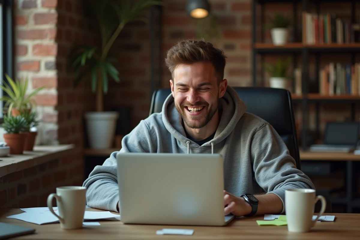 Jeune homme riant devant des contenus viraux absurdes sur son ordinateur portable dans un bureau à domicile